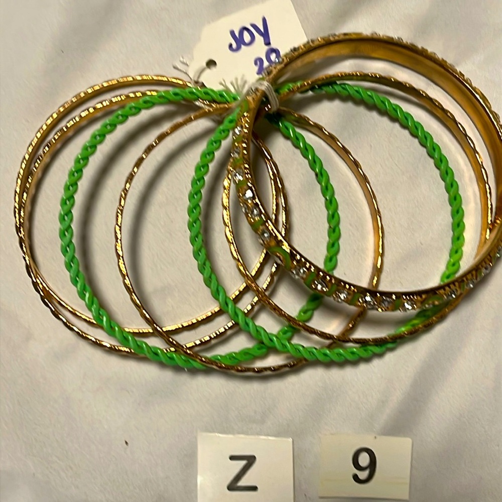 7 bangle bracelets set green gold